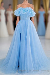 Light Blue Flowers Off-Shoulder A-line Long Semi Formal Prom Dress with Slit